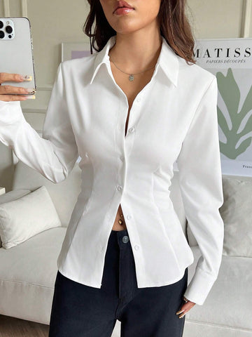 EZwear 1pc Women's Solid Color Button Front Long Sleeve Casual Blouse
