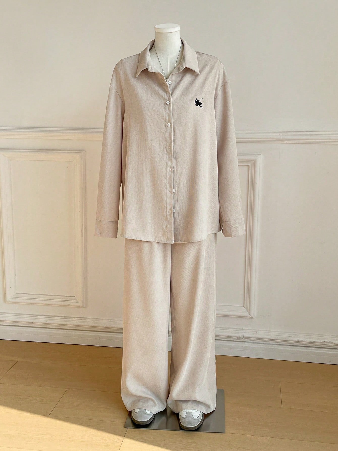Women's New Striped Embroidered Loose Shirt And Pants Set shein