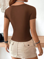 EZwear Casual Minimalist Burgundy Round Neck Cap Sleeve Fitted Women T-Shirt shein