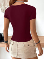 EZwear Casual Minimalist Burgundy Round Neck Cap Sleeve Fitted Women T-Shirt shein
