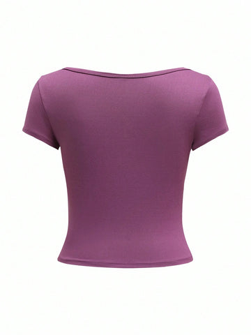 EZwear Casual Minimalist Burgundy Round Neck Cap Sleeve Fitted Women T-Shirt