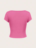 EZwear Casual Minimalist Burgundy Round Neck Cap Sleeve Fitted Women T-Shirt shein