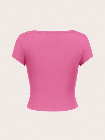 EZwear Casual Minimalist Burgundy Round Neck Cap Sleeve Fitted Women T-Shirt