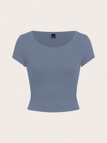 EZwear Casual Minimalist Burgundy Round Neck Cap Sleeve Fitted Women T-Shirt