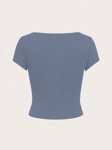 EZwear Casual Minimalist Burgundy Round Neck Cap Sleeve Fitted Women T-Shirt