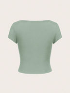 EZwear Casual Minimalist Burgundy Round Neck Cap Sleeve Fitted Women T-Shirt shein