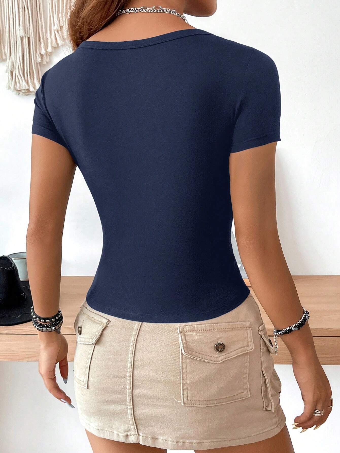 EZwear Casual Minimalist Burgundy Round Neck Cap Sleeve Fitted Women T-Shirt