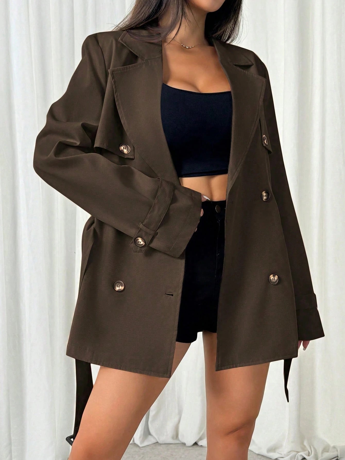 Solid Color Long Sleeve Minimalist Double-Breasted Midi Length Cinched Waist Trench Coat