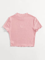 Heart Cutout Detail Lettuce Trim Wavy Edge Short Sleeves Summer Tee shein