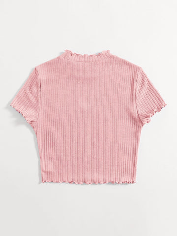 Heart Cutout Detail Lettuce Trim Wavy Edge Short Sleeves Summer Tee shein