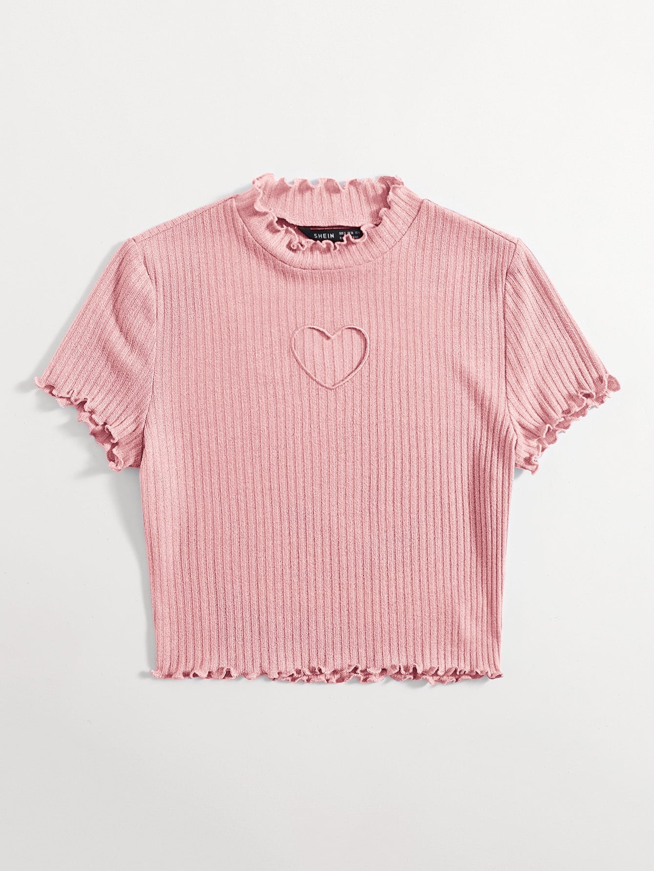 Heart Cutout Detail Lettuce Trim Wavy Edge Short Sleeves Summer Tee shein