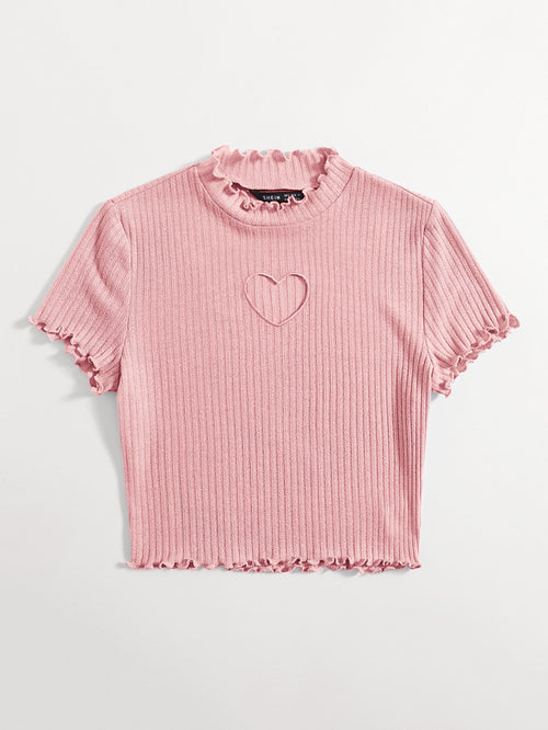 Heart Cutout Detail Lettuce Trim Wavy Edge Short Sleeves Summer Tee shein
