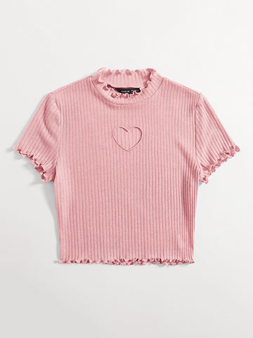Heart Cutout Detail Lettuce Trim Wavy Edge Short Sleeves Summer Tee shein