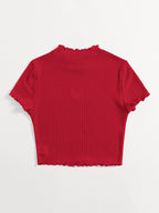 Heart Cutout Detail Lettuce Trim Wavy Edge Short Sleeves Summer Tee shein