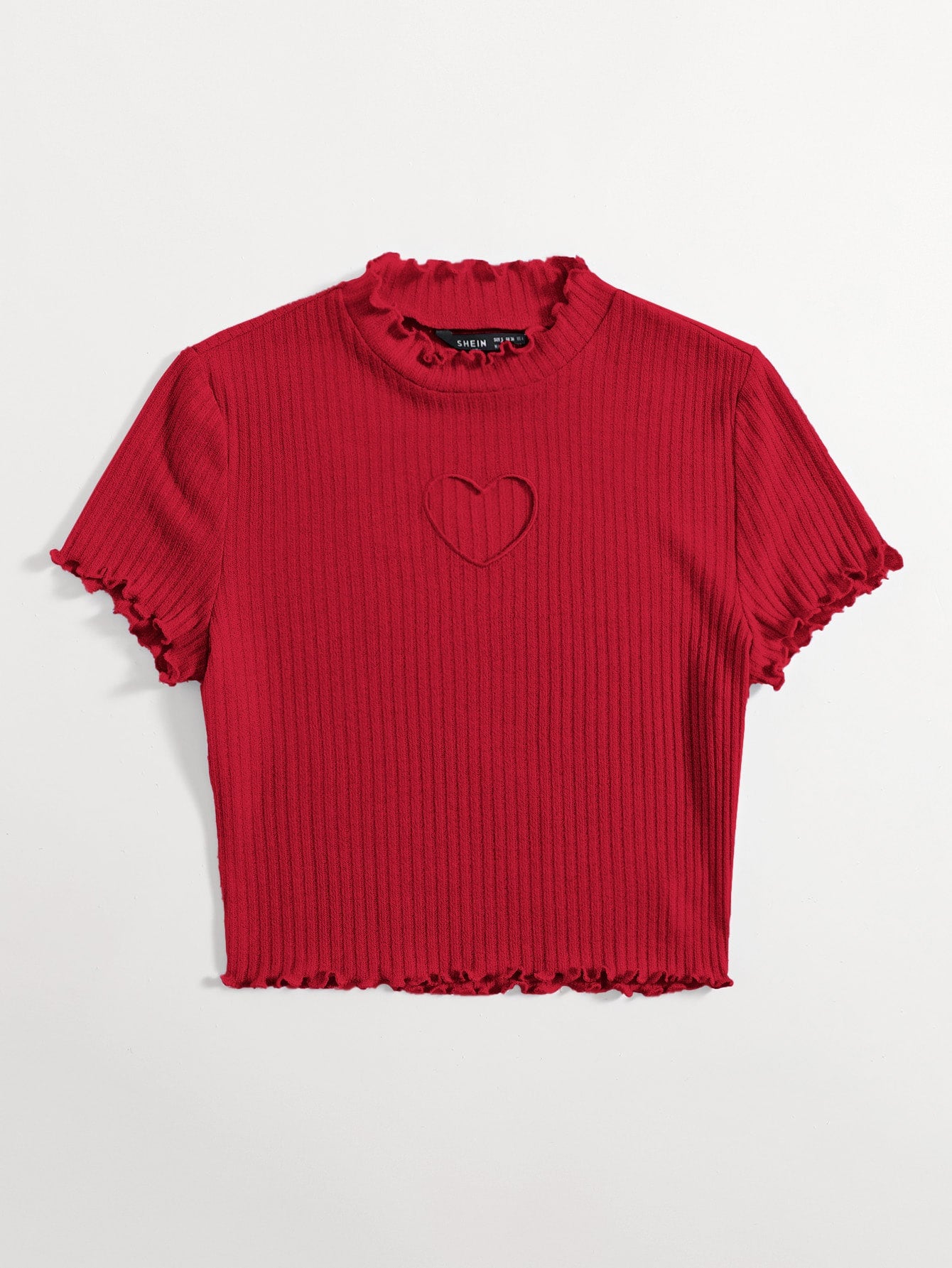 Heart Cutout Detail Lettuce Trim Wavy Edge Short Sleeves Summer Tee shein