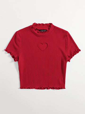 Heart Cutout Detail Lettuce Trim Wavy Edge Short Sleeves Summer Tee shein