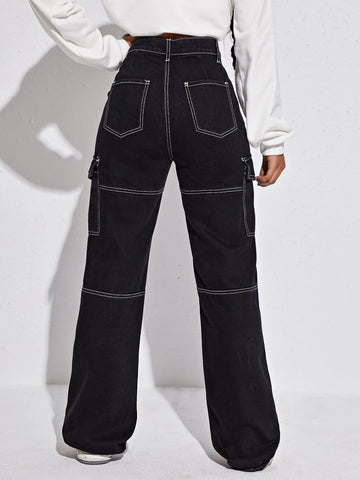 Color Stitching Loose Fit Straight-Leg Jeans shein