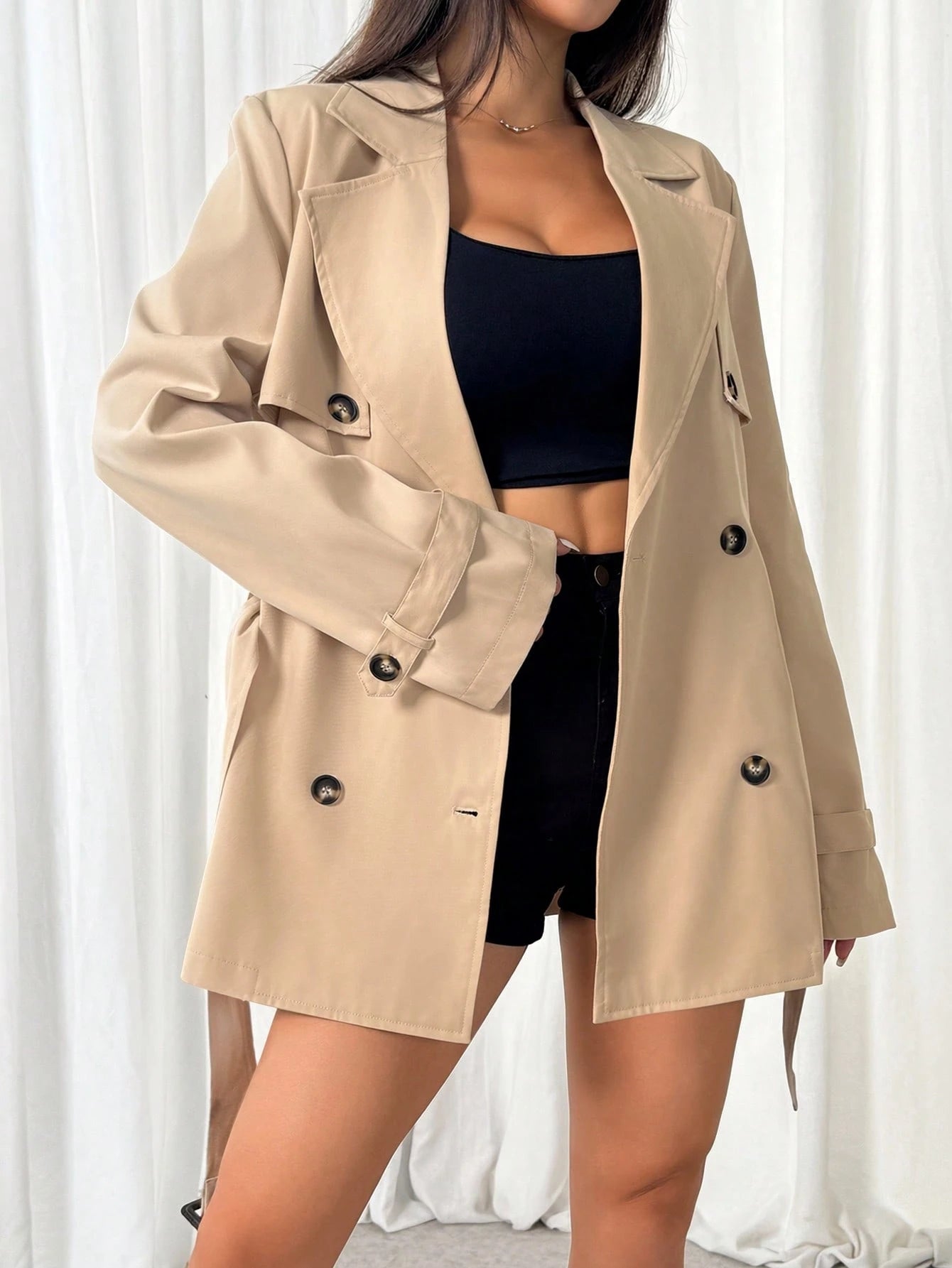 Solid Color Long Sleeve Minimalist Double-Breasted Midi Length Cinched Waist Trench Coat