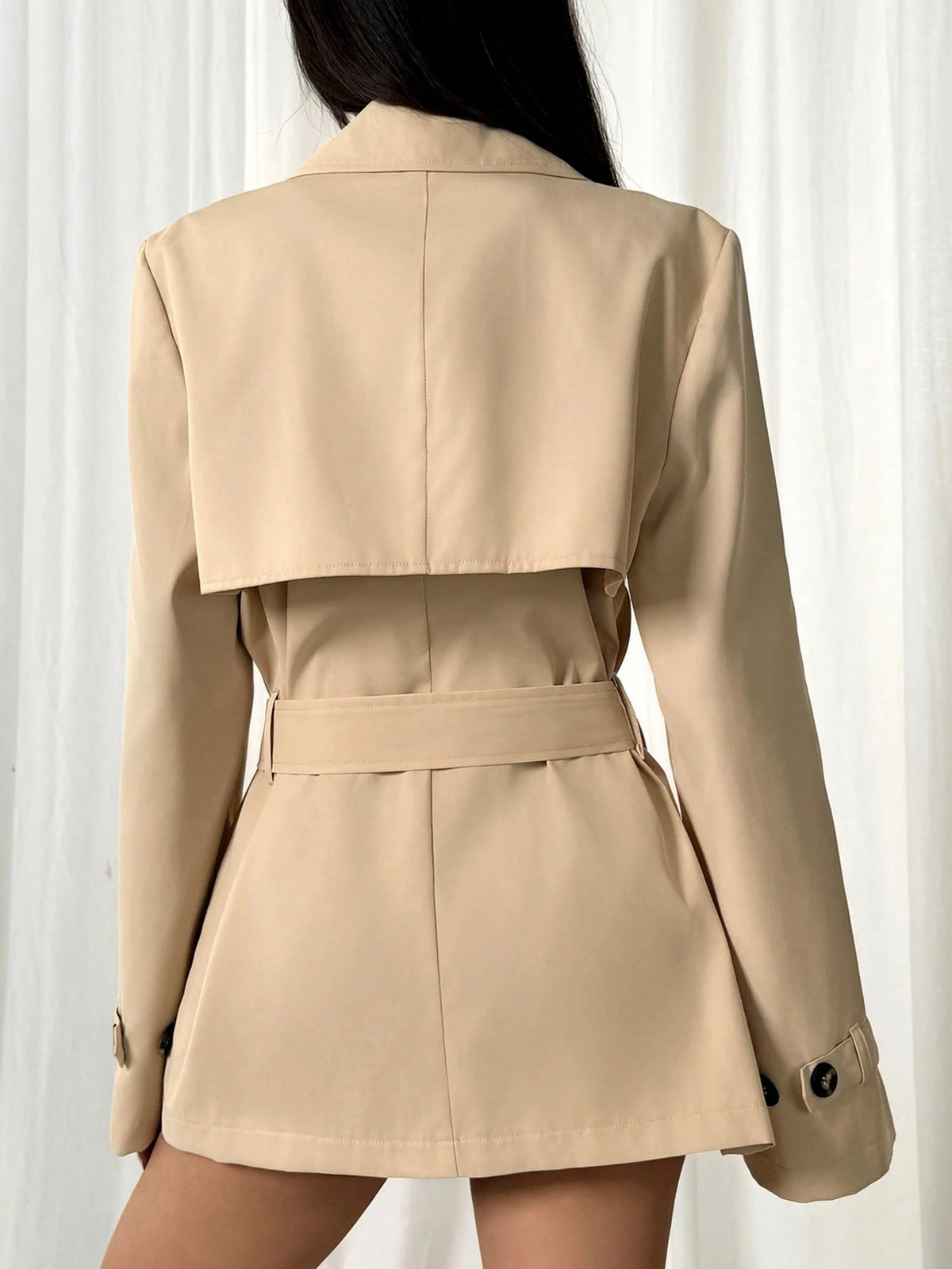 Solid Color Long Sleeve Minimalist Double-Breasted Midi Length Cinched Waist Trench Coat shein