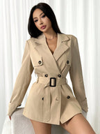 Solid Color Long Sleeve Minimalist Double-Breasted Midi Length Cinched Waist Trench Coat shein