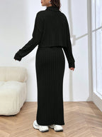 EZwear Knitted Women's Turtleneck Ribbed Long Sleeve Top And Skirt Set shein