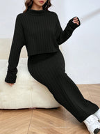 EZwear Knitted Women's Turtleneck Ribbed Long Sleeve Top And Skirt Set shein