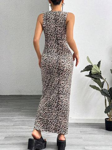 EZwear Leopard Print Knitted Sleeveless Bodycon Dress