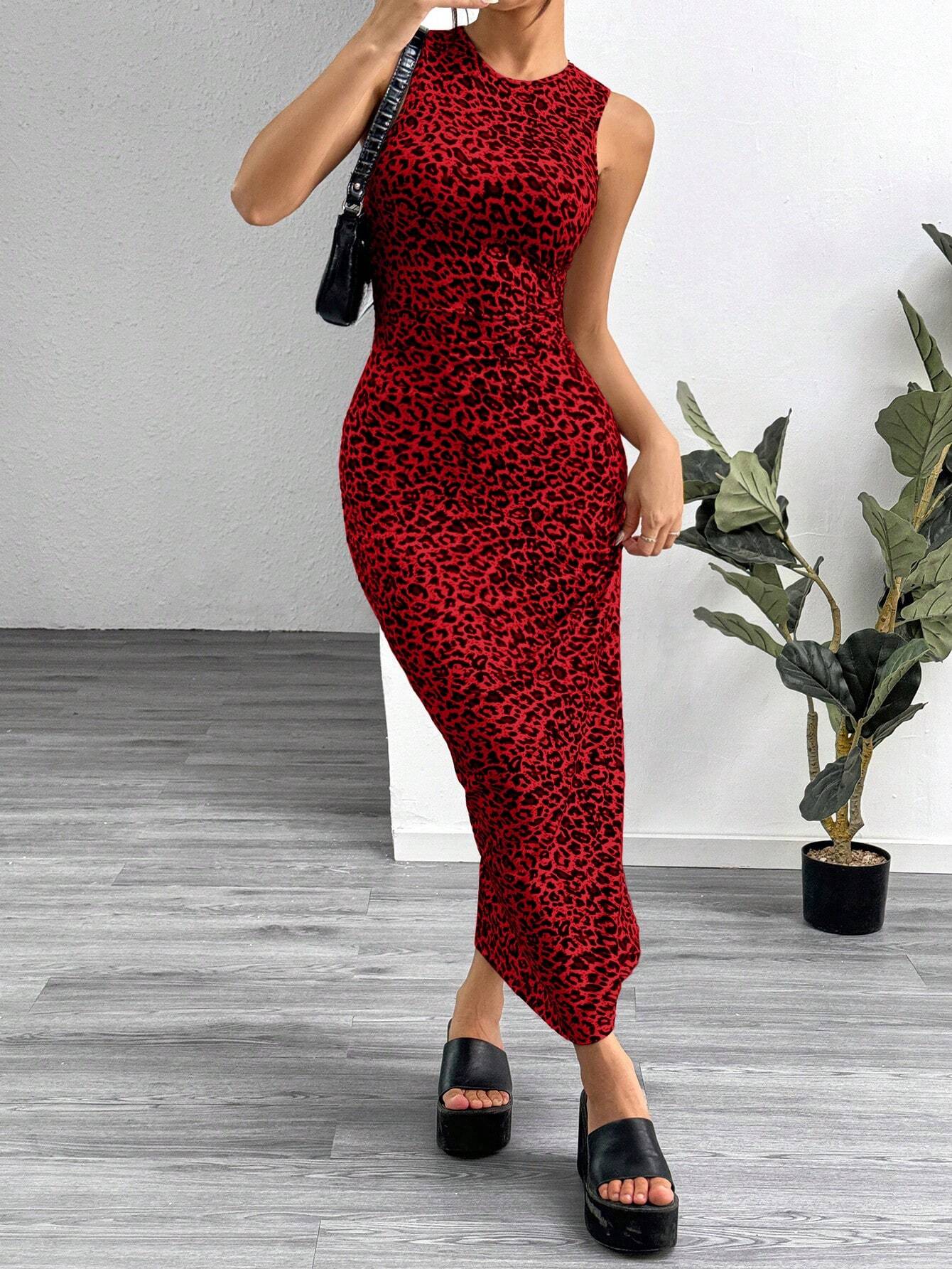 EZwear Leopard Print Knitted Sleeveless Bodycon Dress shein