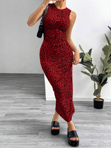 EZwear Leopard Print Knitted Sleeveless Bodycon Dress
