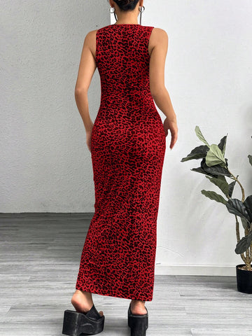 EZwear Leopard Print Knitted Sleeveless Bodycon Dress