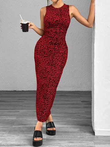EZwear Leopard Print Knitted Sleeveless Bodycon Dress