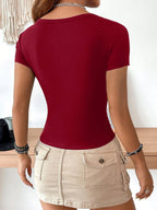 EZwear Casual Minimalist Burgundy Round Neck Cap Sleeve Fitted Women T-Shirt shein