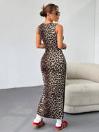 EZwear Leopard Print Knitted Sleeveless Bodycon Dress shein