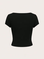 EZwear Casual Minimalist Burgundy Round Neck Cap Sleeve Fitted Women T-Shirt shein
