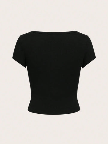 EZwear Casual Minimalist Burgundy Round Neck Cap Sleeve Fitted Women T-Shirt
