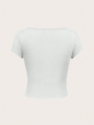 EZwear Casual Minimalist Burgundy Round Neck Cap Sleeve Fitted Women T-Shirt