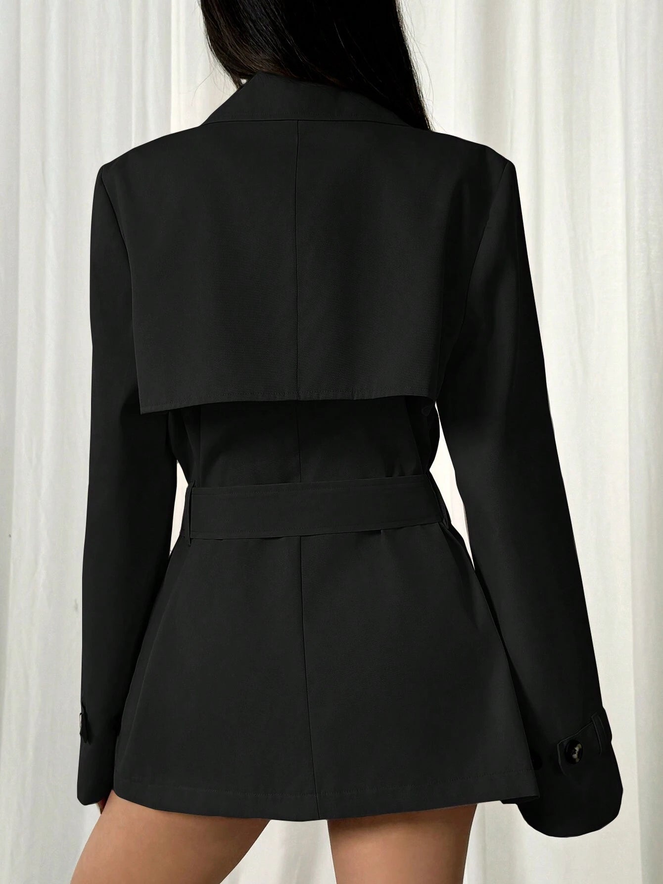 Solid Color Long Sleeve Minimalist Double-Breasted Midi Length Cinched Waist Trench Coat