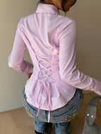 EZwear 1pc Women's Solid Color Button Front Long Sleeve Casual Blouse shein