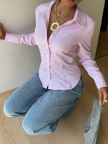EZwear 1pc Women's Solid Color Button Front Long Sleeve Casual Blouse