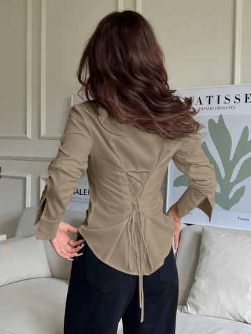 EZwear 1pc Women's Solid Color Button Front Long Sleeve Casual Blouse