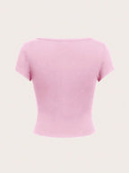 EZwear Casual Minimalist Burgundy Round Neck Cap Sleeve Fitted Women T-Shirt shein