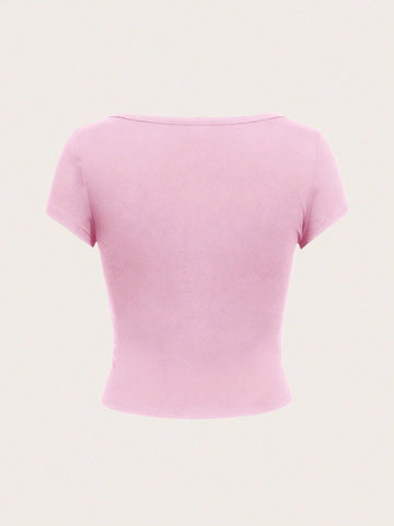EZwear Casual Minimalist Burgundy Round Neck Cap Sleeve Fitted Women T-Shirt