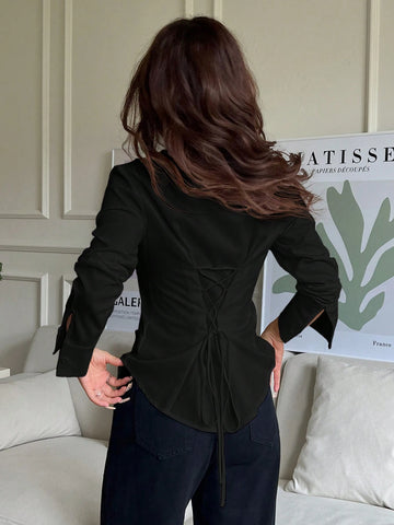 EZwear 1pc Women's Solid Color Button Front Long Sleeve Casual Blouse