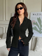 EZwear 1pc Women's Solid Color Button Front Long Sleeve Casual Blouse shein