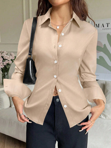 EZwear 1pc Women's Solid Color Button Front Long Sleeve Casual Blouse