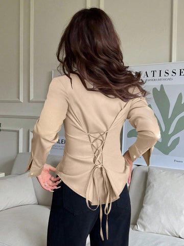 EZwear 1pc Women's Solid Color Button Front Long Sleeve Casual Blouse