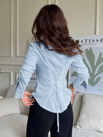 EZwear 1pc Women's Solid Color Button Front Long Sleeve Casual Blouse
