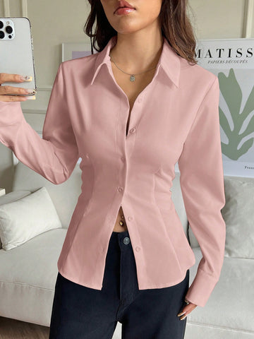 EZwear 1pc Women's Solid Color Button Front Long Sleeve Casual Blouse