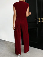 Essnce Solid Color Stand Collar Top With Cap Sleeves + Wide Leg Pants shein