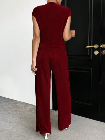 Essnce Solid Color Stand Collar Top With Cap Sleeves + Wide Leg Pants